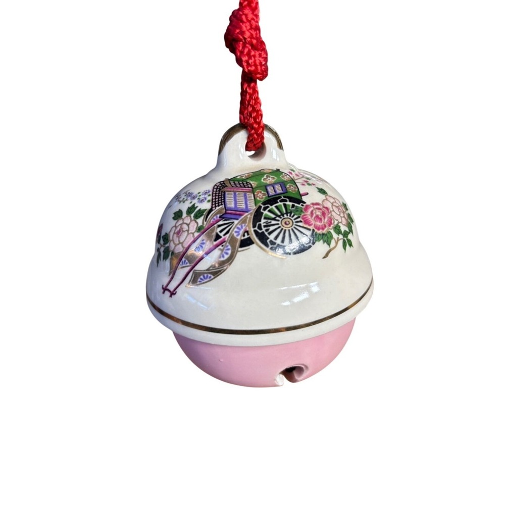 Vintage Japanese Clay Bell Dorei Tsuchi-Suzu Ox Cart Kutani Ware‎ Pink White GUC
